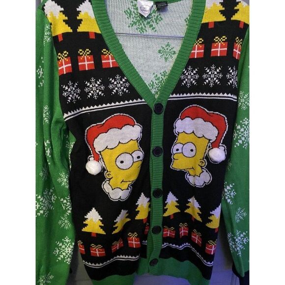 Bart Simpson Santa Ugly Christmas Sweater Men's Medium M Cardigan Green Red - Picture 10 of 10